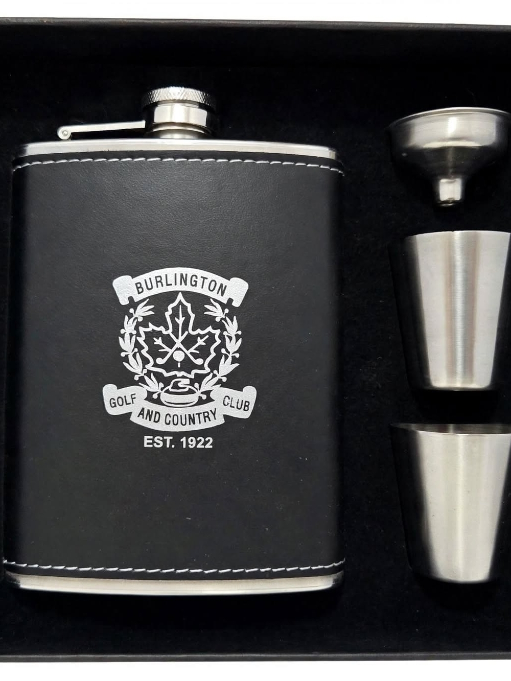 Black Leatherette Hip Flask Set